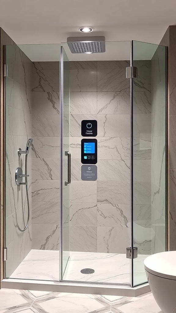Moderne Walk-In-Dusche mit Glaswänden und Deckenbrause in einem luxuriösen Badezimmer