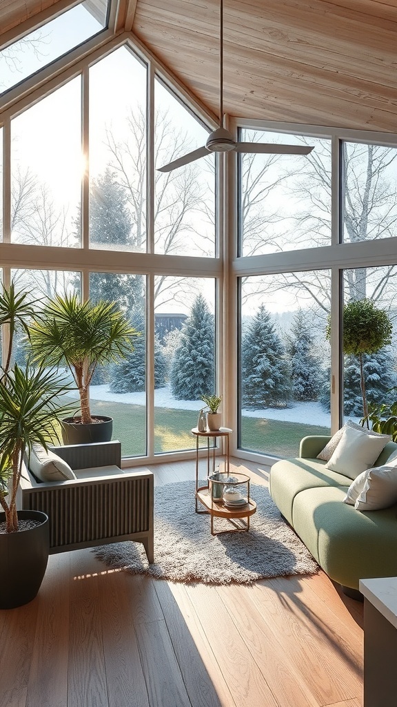 Ein moderner Wintergarten mit großen Fenstern, Pflanzen und einem Deckenventilator, der eine gemütliche Atmosphäre schafft.