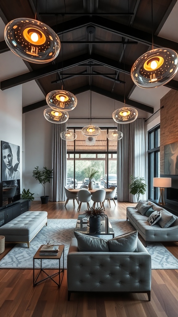 A modern living room with unique pendant lighting, large windows, and elegant furniture.