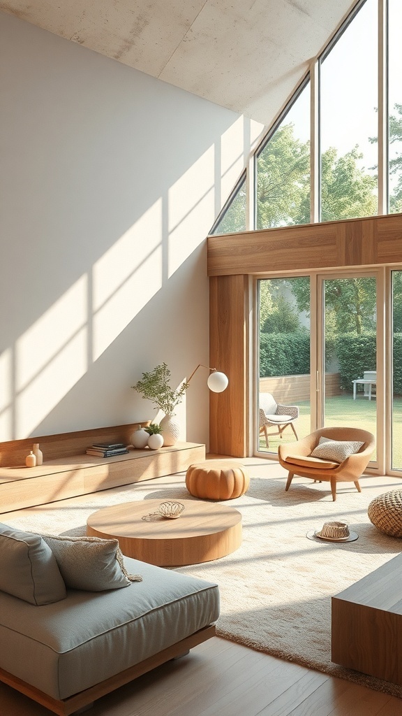 Modernes Wohnzimmer mit großen Fenstern, Holzdetails und Pflanzen