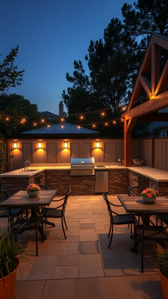 An outdoor kitchen at night with string lights and a grill.