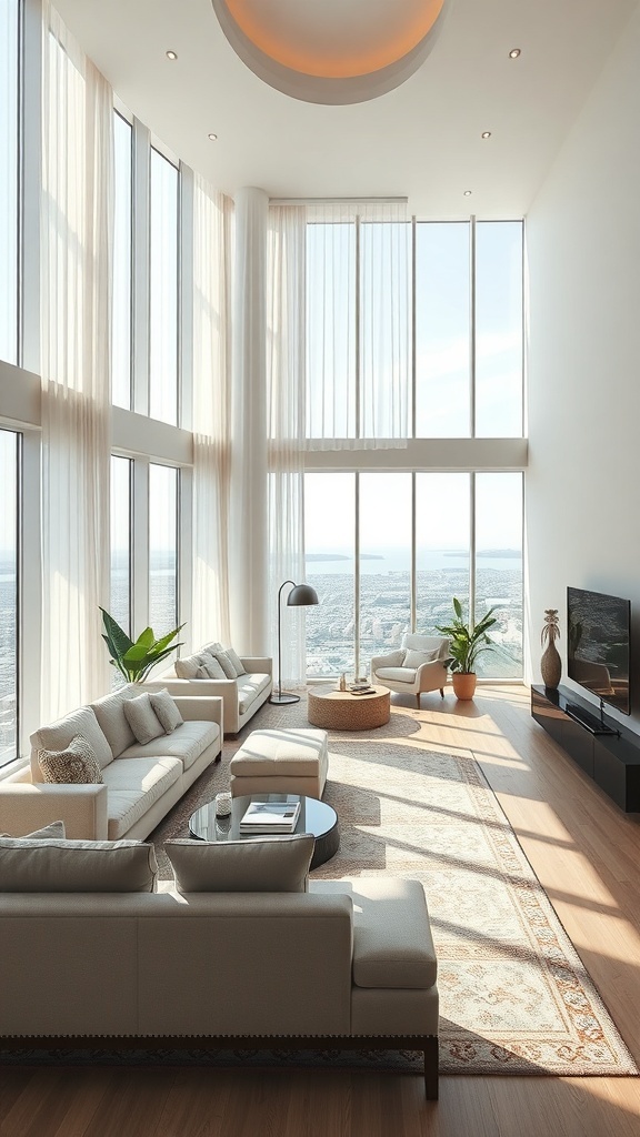Heller und eleganter Wohnraum mit großen Fenstern, modernen Möbeln und Pflanzen.