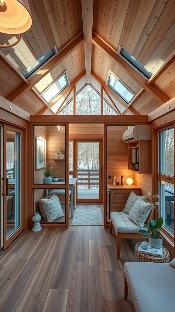 Innenansicht eines Tiny Houses mit Holzverkleidung und transparenten Raumteilern