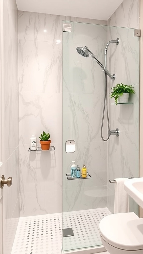 A modern shower with glass enclosure, featuring wall-mounted caddies for storage and a small plant for decoration.