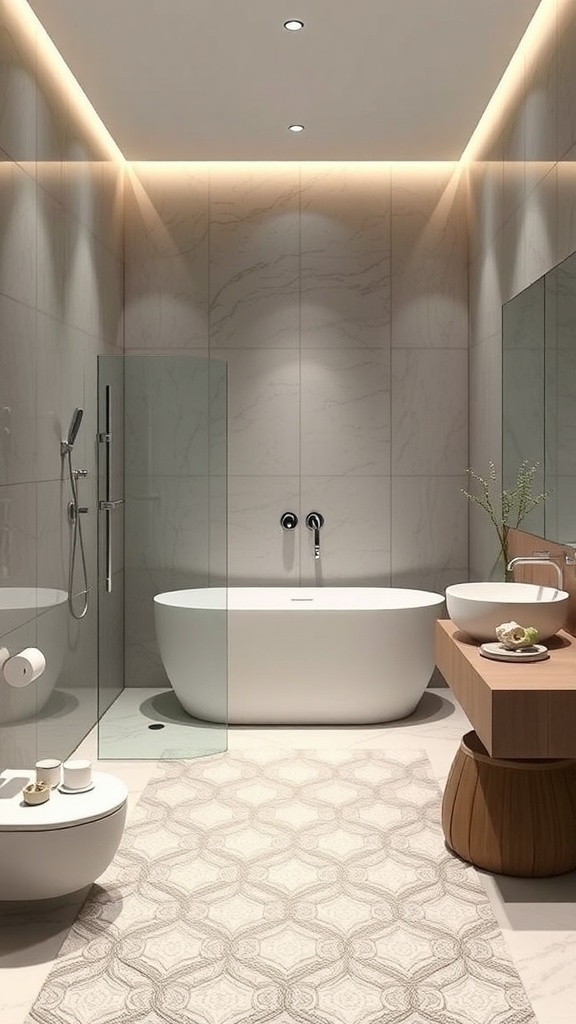 Modernes Badezimmer mit innovativem Duschsystem und freistehender Badewanne
