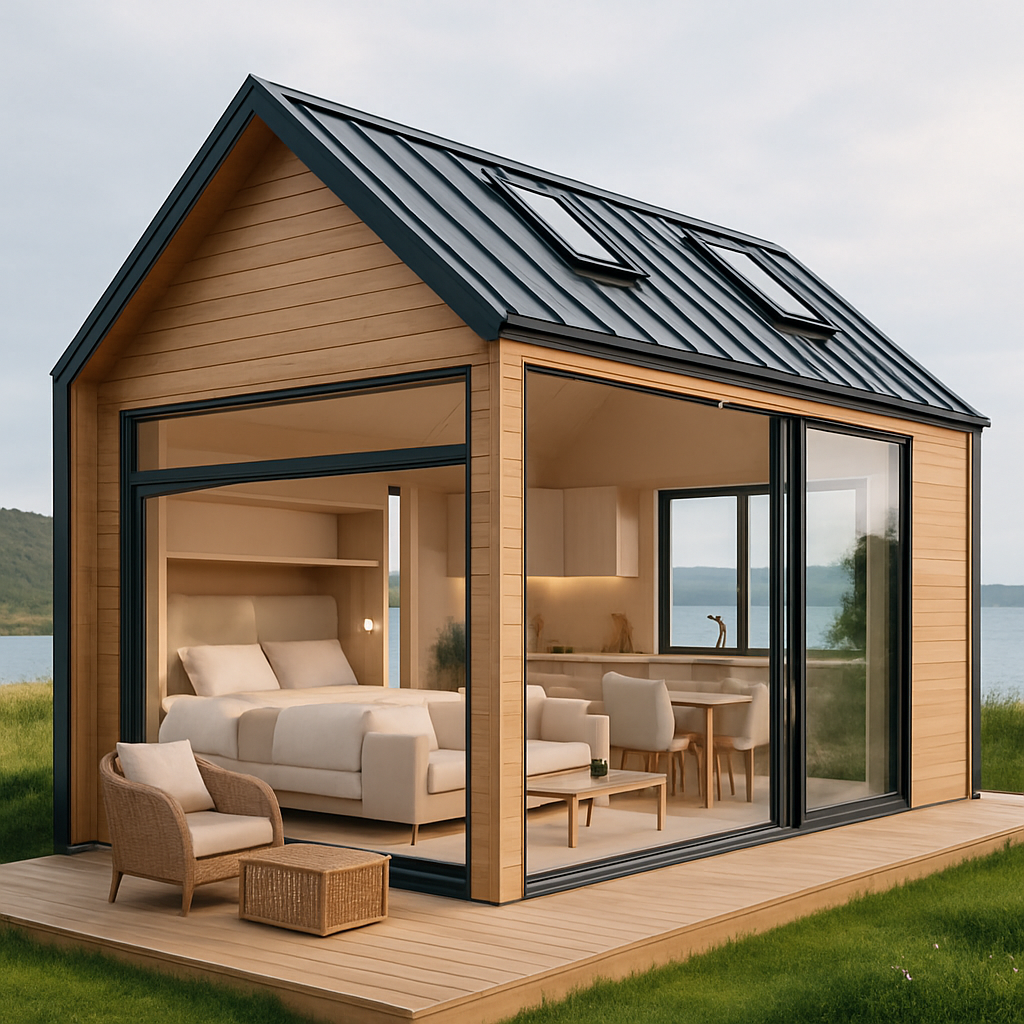 Modernes Tiny House mit großen Fenstern und Holz-Glas-Konstruktion in der Natur