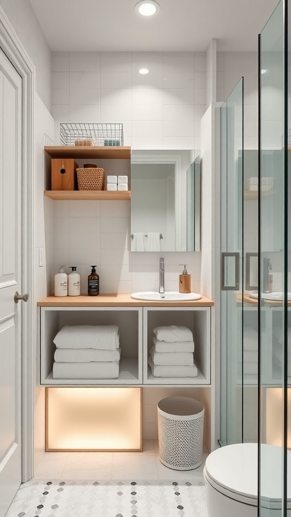 Modernes Badezimmer mit Holzregalen und minimalistischer Einrichtung