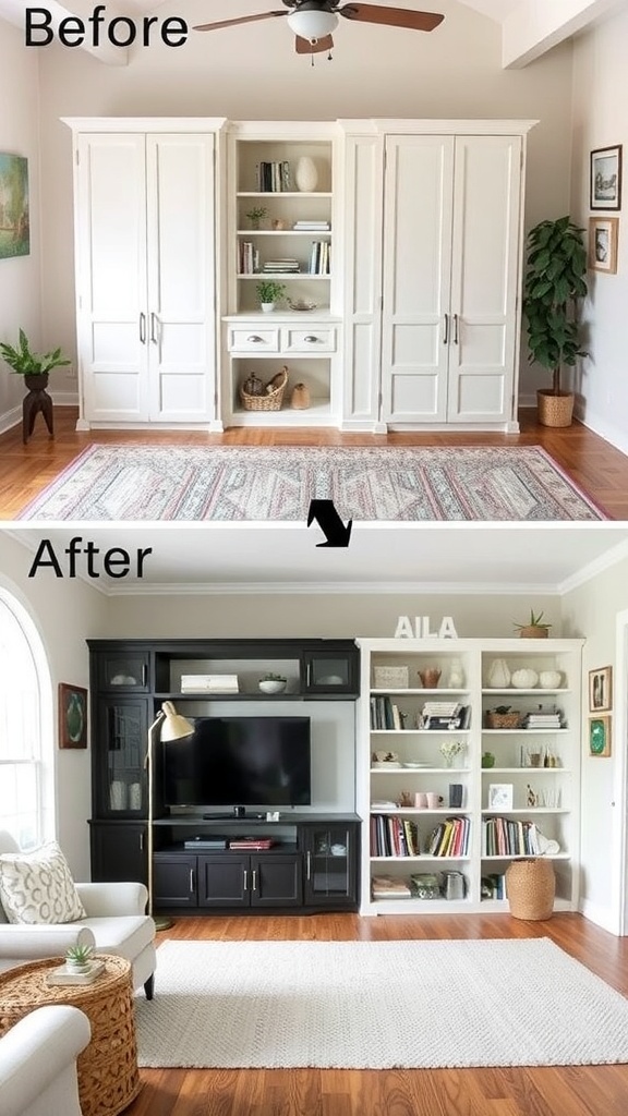 Before and after image of a living room makeover showing innovative storage solutions.