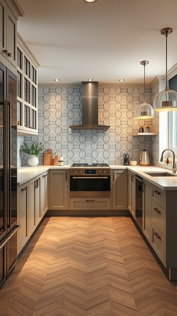 Modern Art Deco kitchen with stylish cabinets, open shelving, and herringbone flooring.