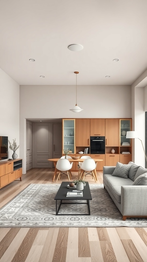 Open concept living and dining room with innovative storage solutions