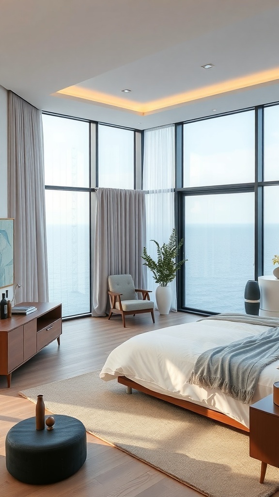 A minimalist bedroom with large windows overlooking the ocean, featuring simple furniture and a calming atmosphere.