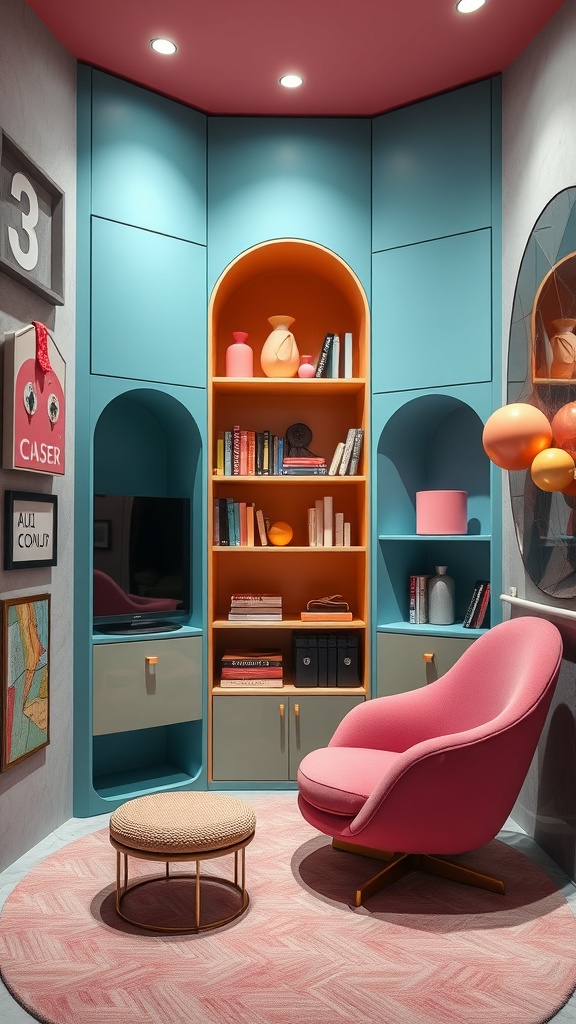A modern, colorful storage area with unique shelving and a cozy pink chair.