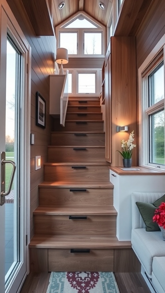 Treppen mit Stauraum unter den Stufen in einem Tiny House