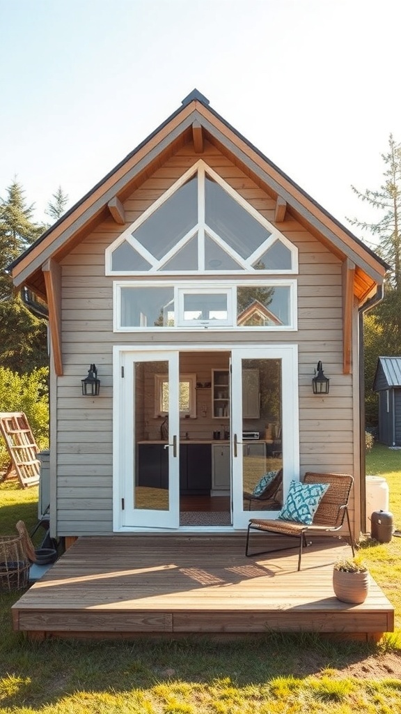 Ein charmantes Tiny House mit großen Fenstern und Holzverkleidung, umgeben von Natur.