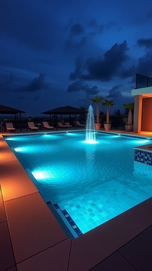 Ein luxuriöser Vitality Pool mit Blick auf den Sonnenuntergang, umgeben von modernen Möbeln.