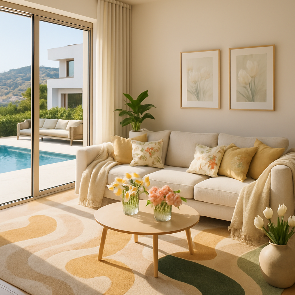 Ein moderner Wohnraum mit einem stilvollen Teppich in sanften Farben, einer bequemen Couch und großen Fenstern, die auf einen Pool blicken.