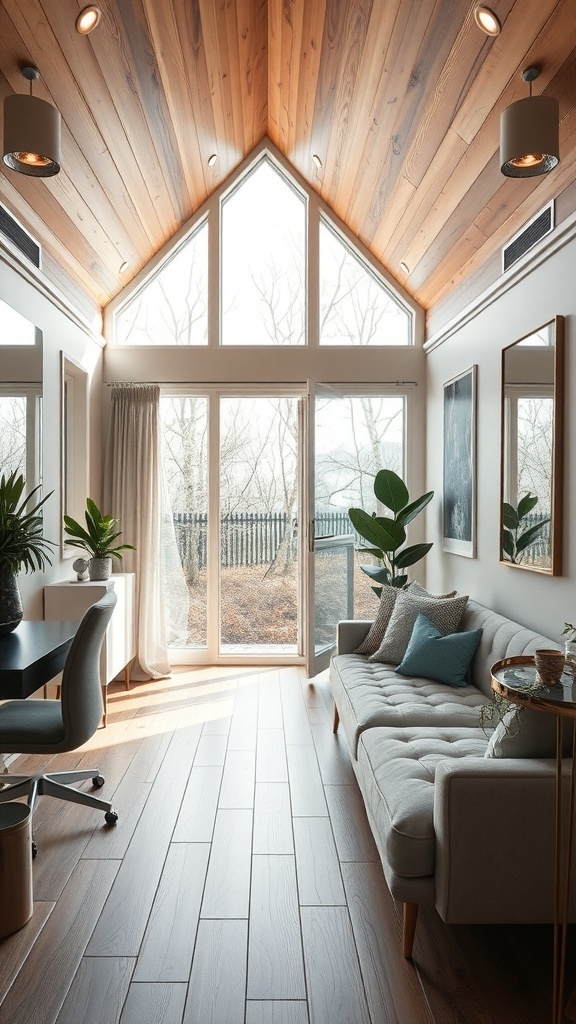 Ein stilvolles Tiny House mit großen Fenstern, Holzdecke und modernen Möbeln.