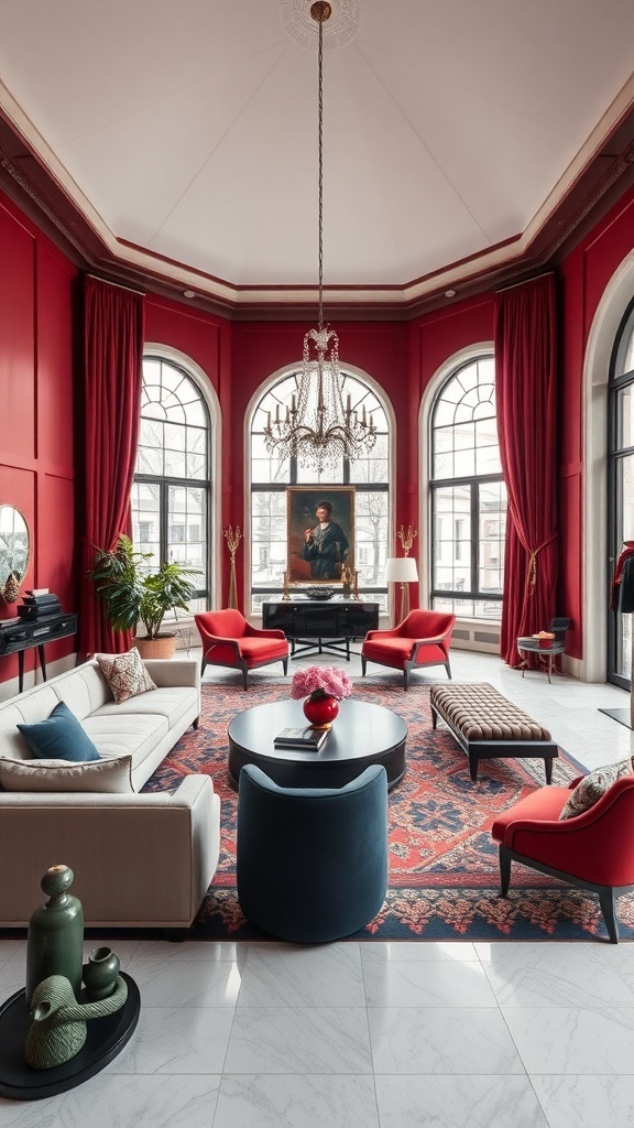 A luxurious living room with cherry red walls, large windows, and elegant furniture.