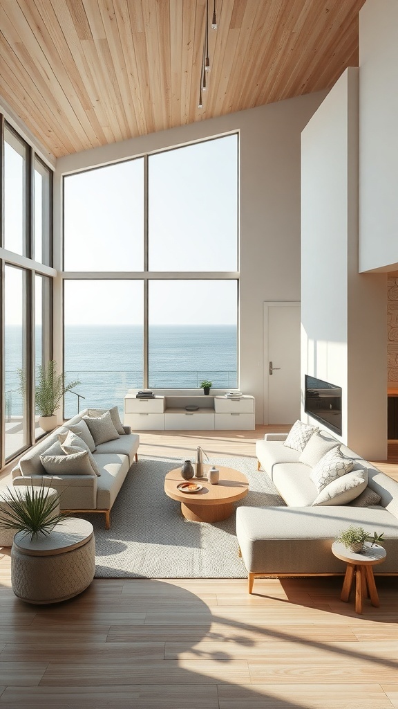 Ein minimalistisches Wohnzimmer mit großen Fenstern und Blick auf das Wasser, ausgestattet mit modernen Möbeln und Pflanzen.
