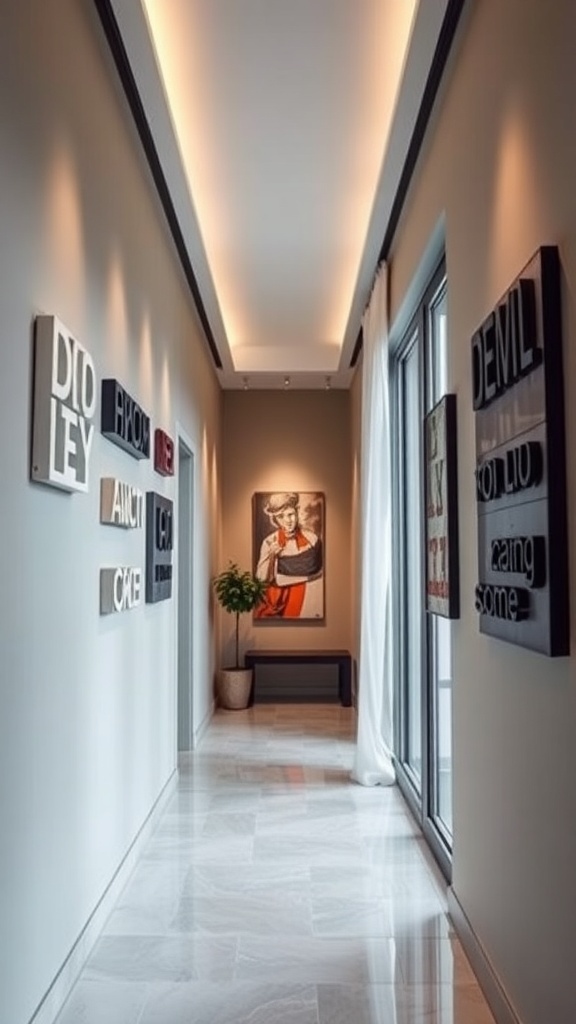 A narrow hallway with various wall art installations and a plant.