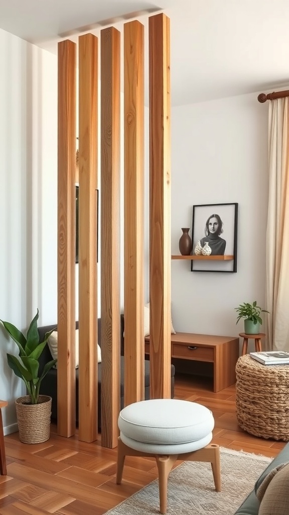 A modern wooden room divider made of vertical slats, separating spaces in a cozy living area with plants and stylish furniture.