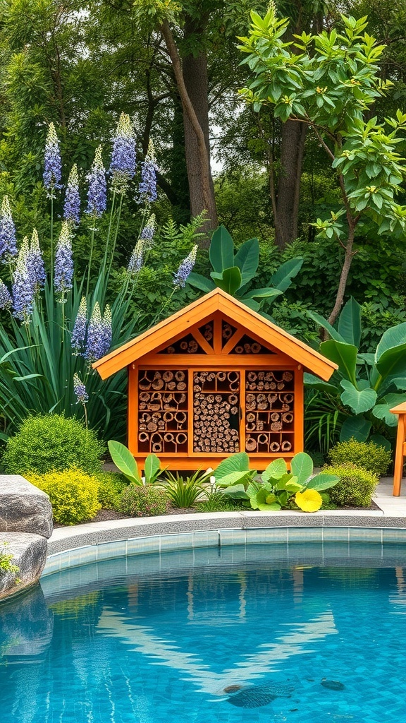 Ein farbenfrohes Insektenhotel in einem Garten mit einem Naturpool im Hintergrund.