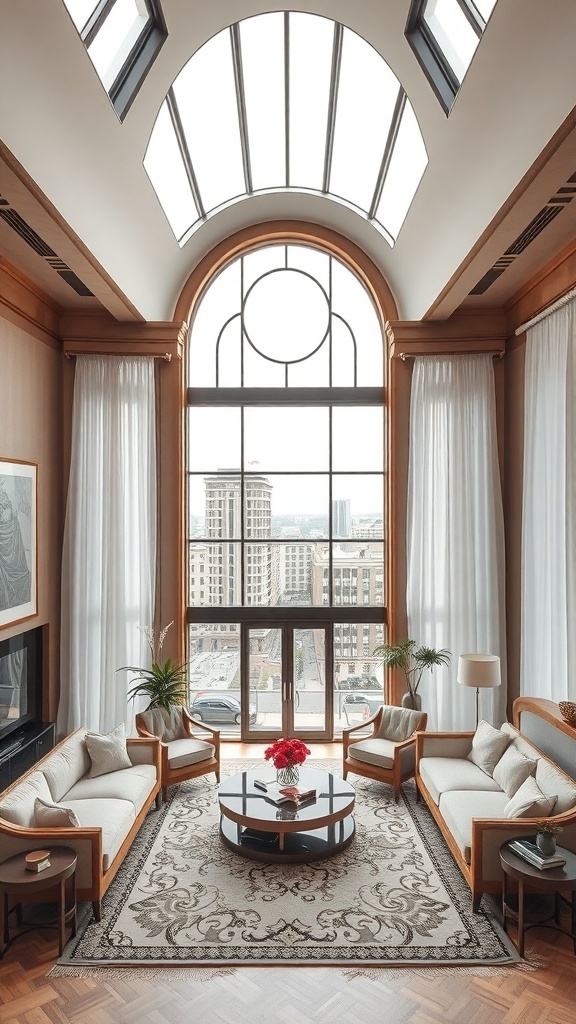Ein elegantes Art Deco Wohnzimmer mit hohen Fenstern, stilvollen Möbeln und einem runden Tisch.