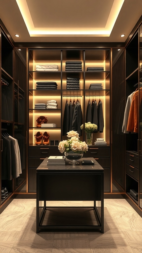 A stylish walk-in closet featuring dark wood cabinetry, organized shelves with clothes and accessories, soft lighting, and a central table with flowers.