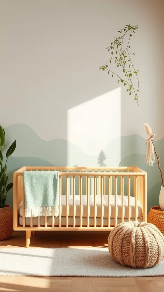 A cozy nursery featuring a wooden crib, soft colors on the wall, hanging plants, and a knitted pouf.