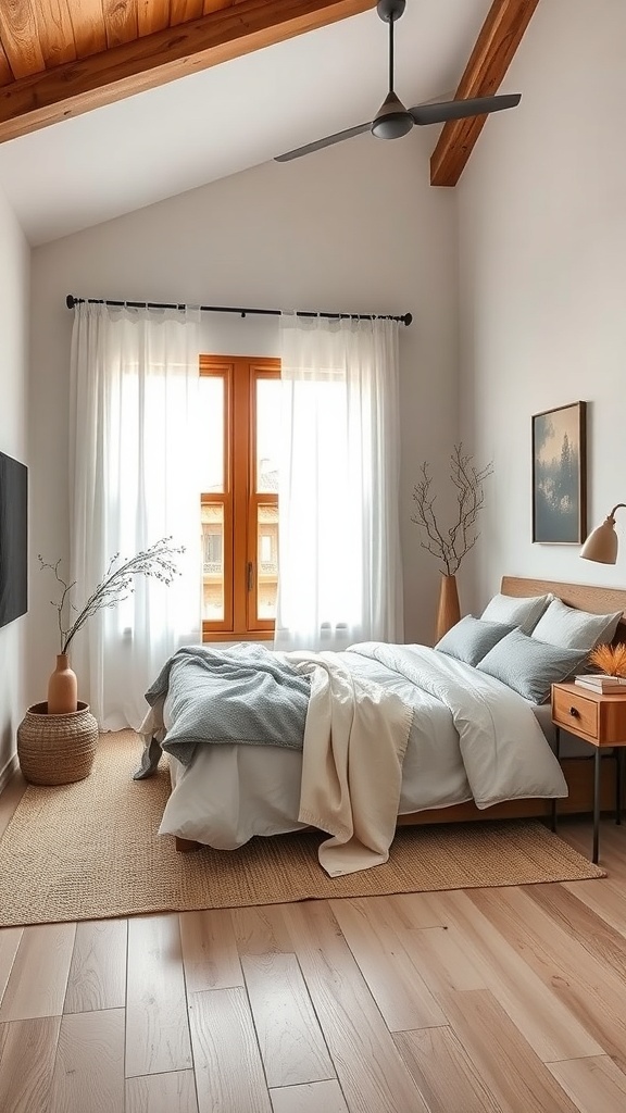 A cozy bedroom with wooden beams, large windows, and natural decor elements.