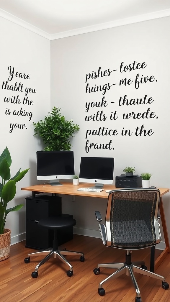 A modern workspace featuring motivational quotes on the walls, with a desk, two computers, and a plant.