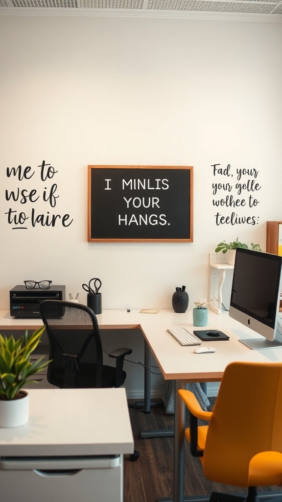 A modern workspace with motivational quotes on the wall, featuring a desk, two chairs, and plants.
