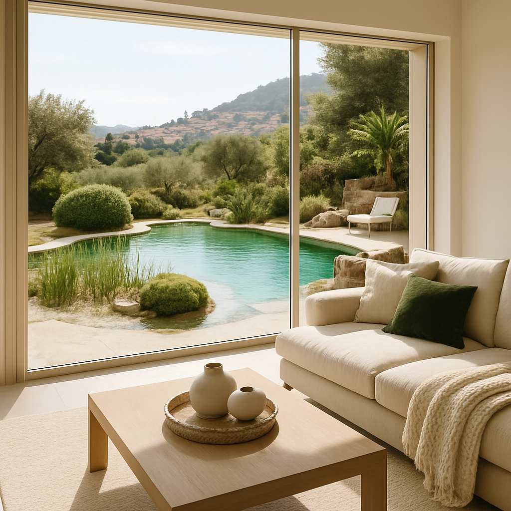 Ein Naturpool in einer grünen Landschaft, sichtbar durch große Fenster. Gemütliche Sitzecke im Vordergrund.