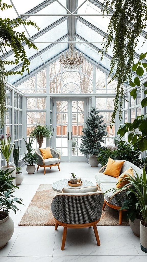 Moderner Wintergarten mit Pflanzen und gemütlichen Möbeln
