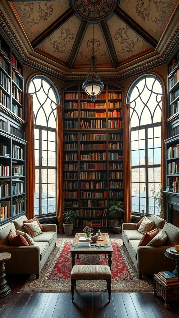 Luxuriöses Wohnzimmer mit einem großen Bücherregal, hohen Fenstern und gemütlichen Sofas