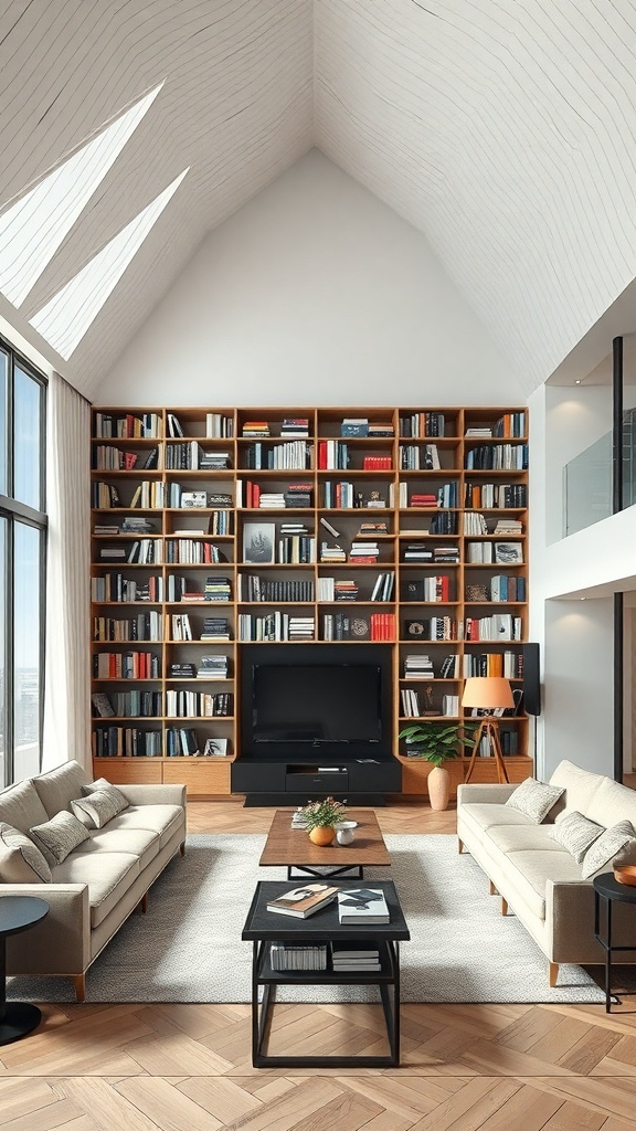 Ein stilvolles Wohnzimmer mit einer großen Bücherwand, bequemen Sofas und einem modernen Tisch.