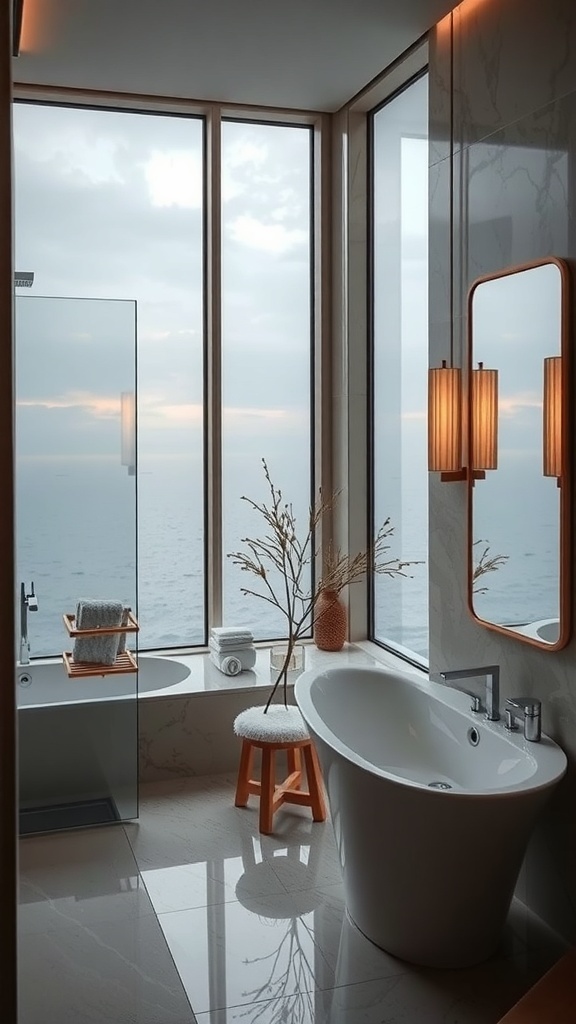 Modernes Badezimmer mit großen Fenstern und stilvollem Spiegel