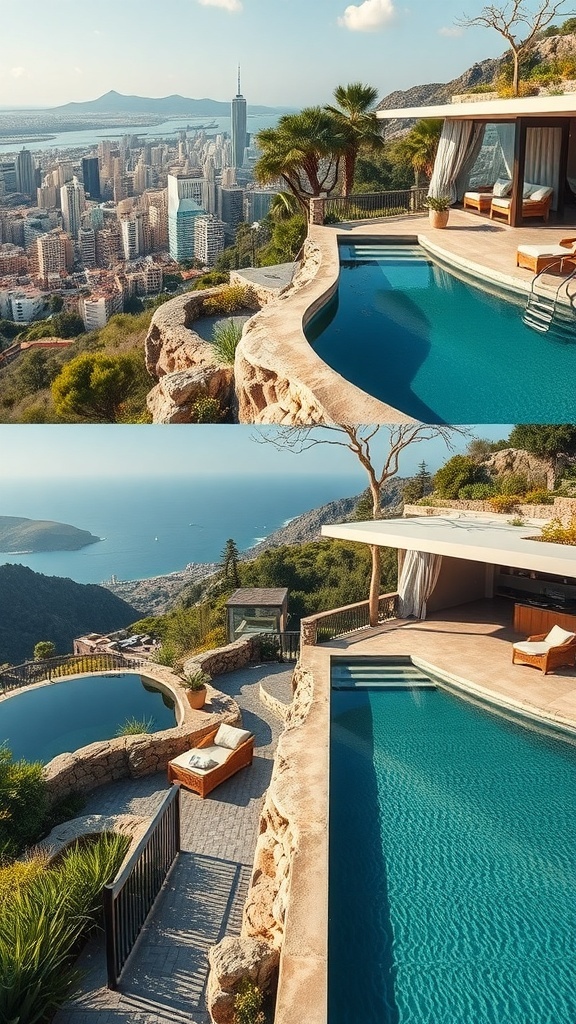 Ein luxuriöser Naturpool mit Blick auf eine Stadt und das Meer, umgeben von Felsen und Pflanzen.