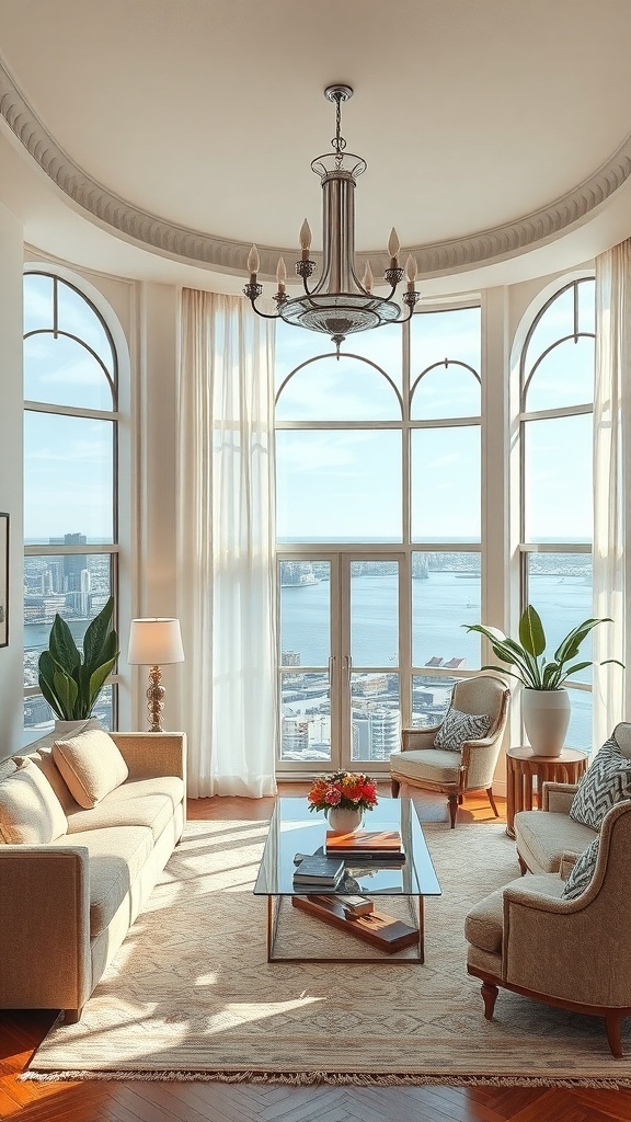 Ein stilvolles Wohnzimmer im Art Deco-Stil mit großen Fenstern, eleganten Möbeln und einer beeindruckenden Deckenleuchte.