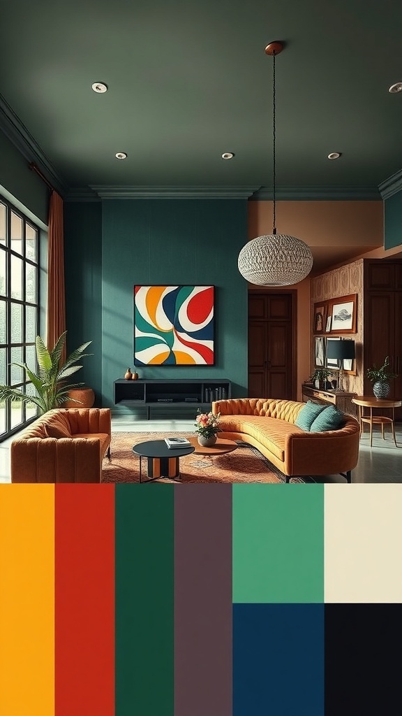 Ein stilvoll eingerichteter Raum mit einer harmonischen Farbpalette, die maximalistischen Stil zeigt.