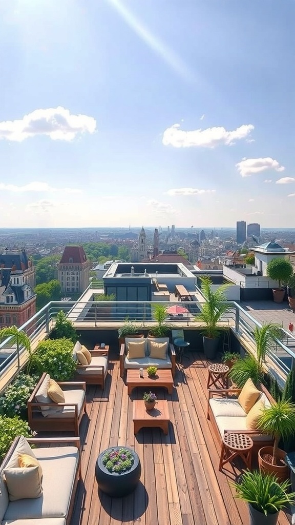 Ein stilvoller Dachgarten mit Holzterrasse, bequemen Sitzgelegenheiten und Pflanzen, der einen Blick auf die Stadt bietet.
