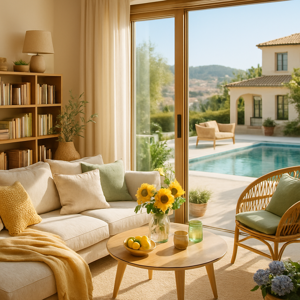 Gemütliche Leseecke mit Blick auf den Pool, helles Sofa, Bücherregal und frische Blumen
