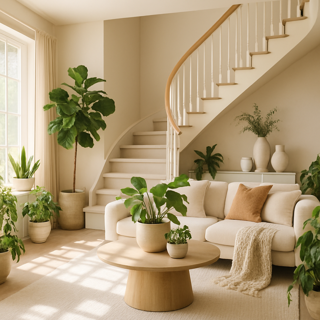 Modernes Wohnzimmer mit verschiedenen Pflanzenarrangements, hellem Sofa und Holz-Couchtisch.