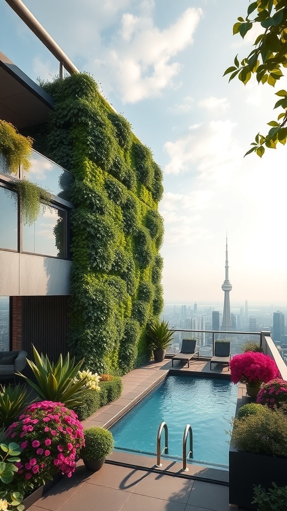 Luxuriöse Dachterrasse mit Vertikalgarten, Pool und Blick auf die Stadt