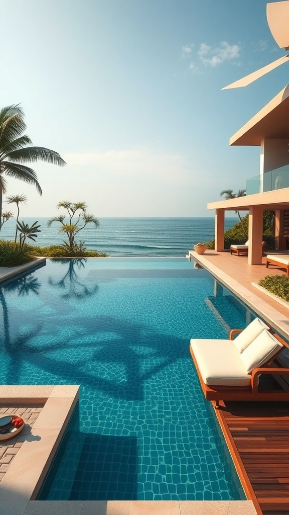 Luxuriöser Pool mit Blick auf den Ozean, umgeben von Palmen und modernen Liegen.