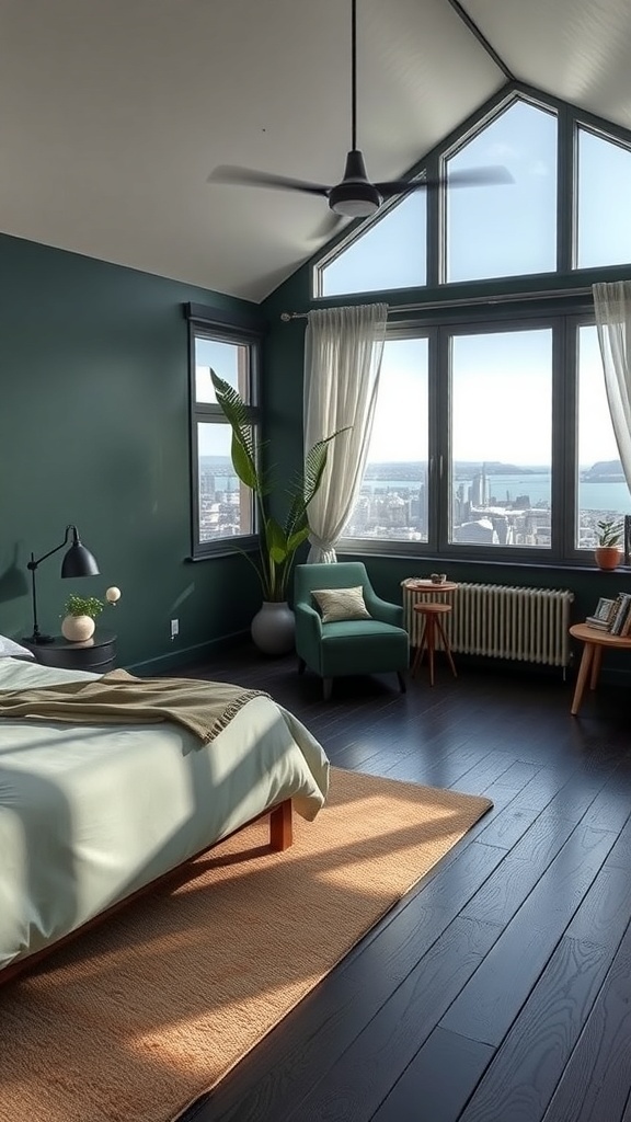 Ein modernes Schlafzimmer mit dunklen Holzböden, grünen Wänden und großen Fenstern