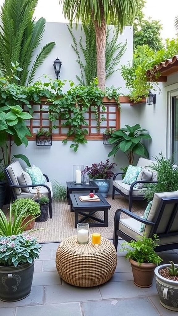 Gemütliche Terrasse mit Pflanzen, bequemen Stühlen und einem Rattantisch