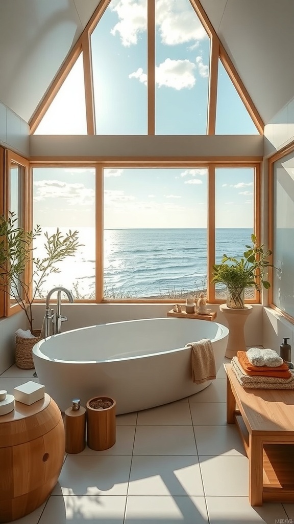 Luxuriöses Japandi-Badezimmer mit Meerblick und natürlichem Licht