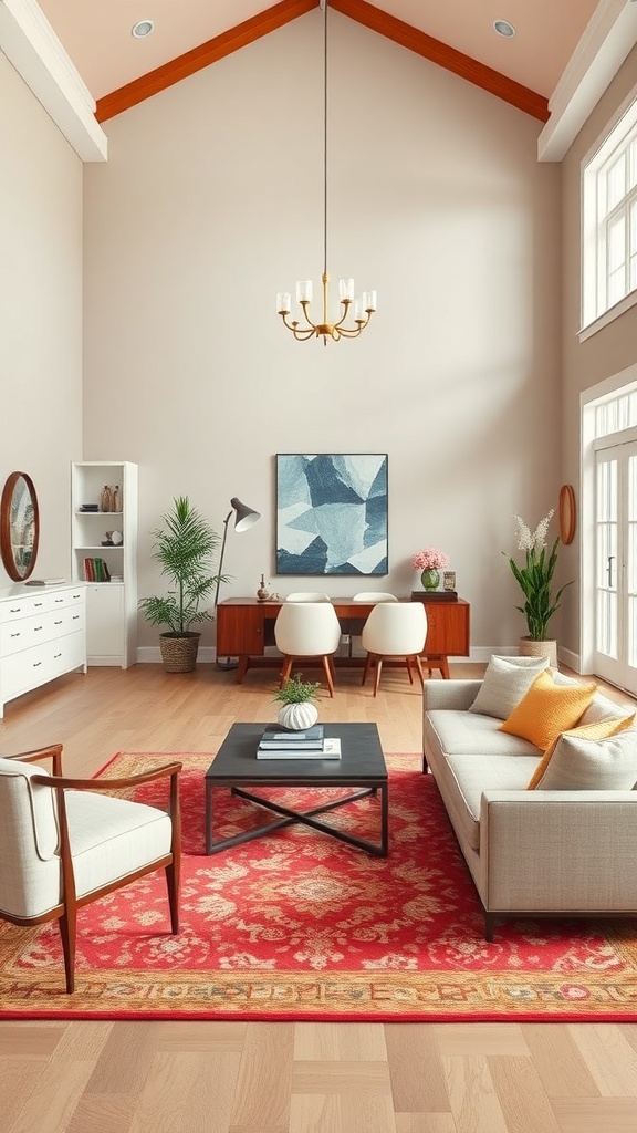 A stylish living room featuring beige walls, a red area rug, light-colored furniture, and a wooden chandelier.