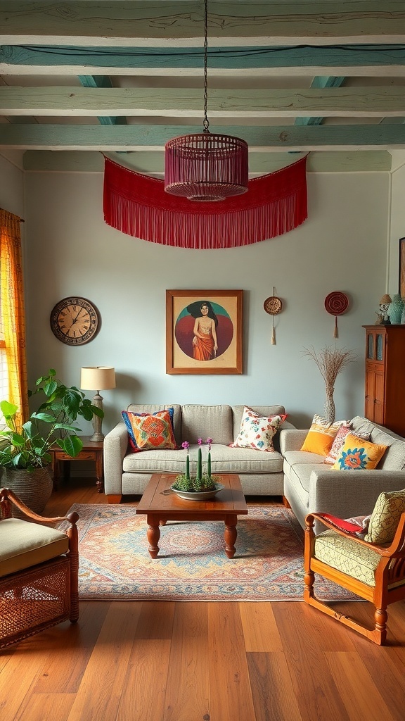 Cozy living room with a beige sofa, colorful throw pillows, red accents, and plants.